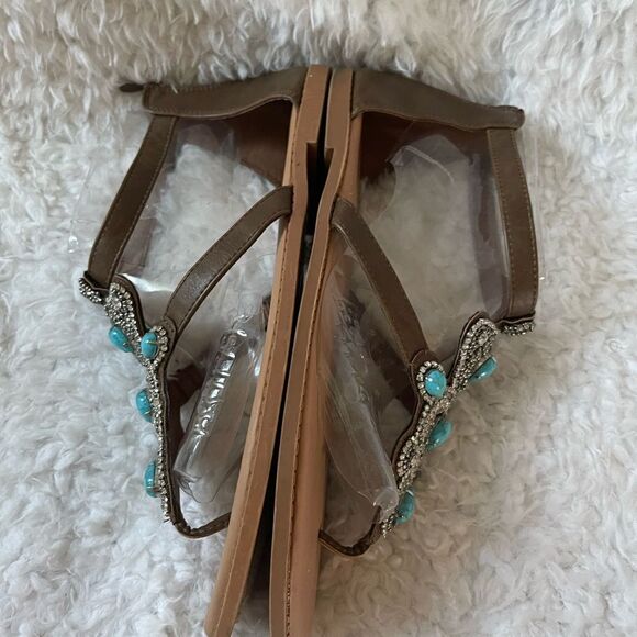 Torrid Brown T strap thong sandals turquoise & rhinestones accents size 13 - Picture 8 of 11